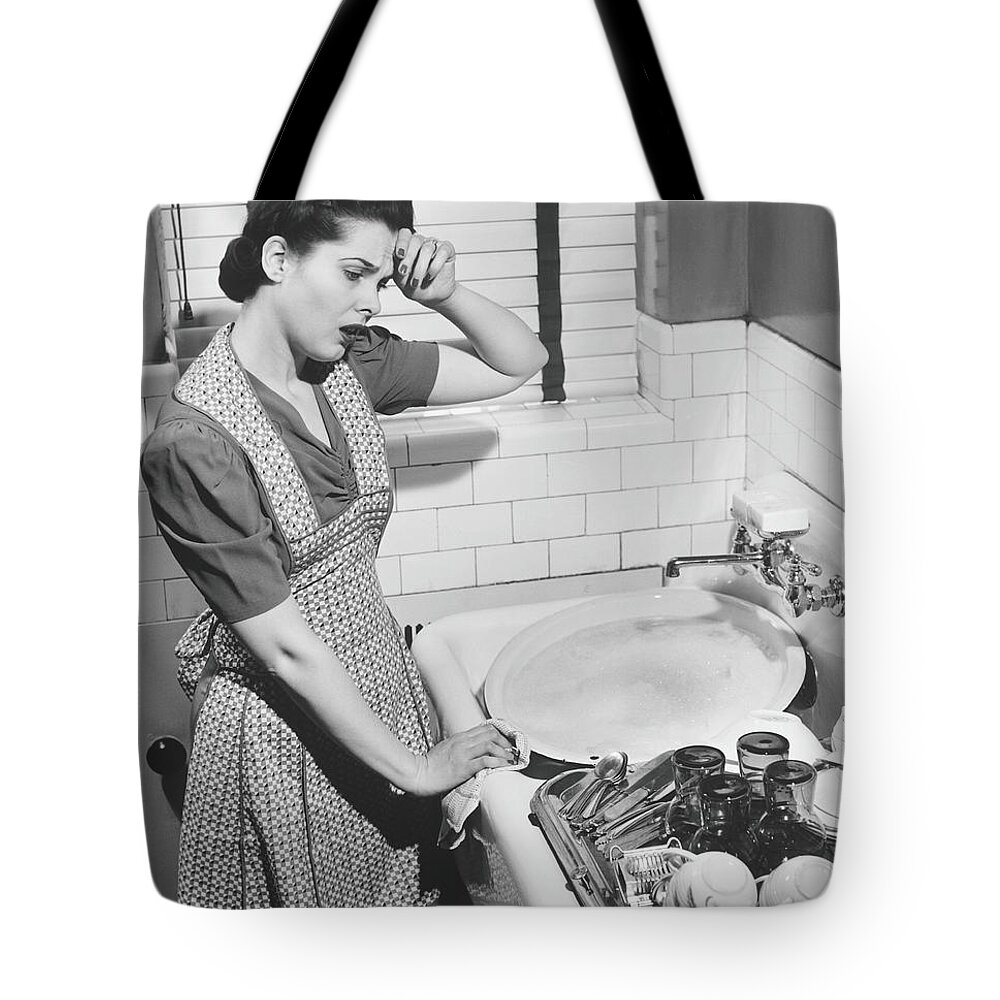 Three Quarter Length Tote Bag featuring the photograph Tired Woman At Kitchen Sink, B&w by George Marks
