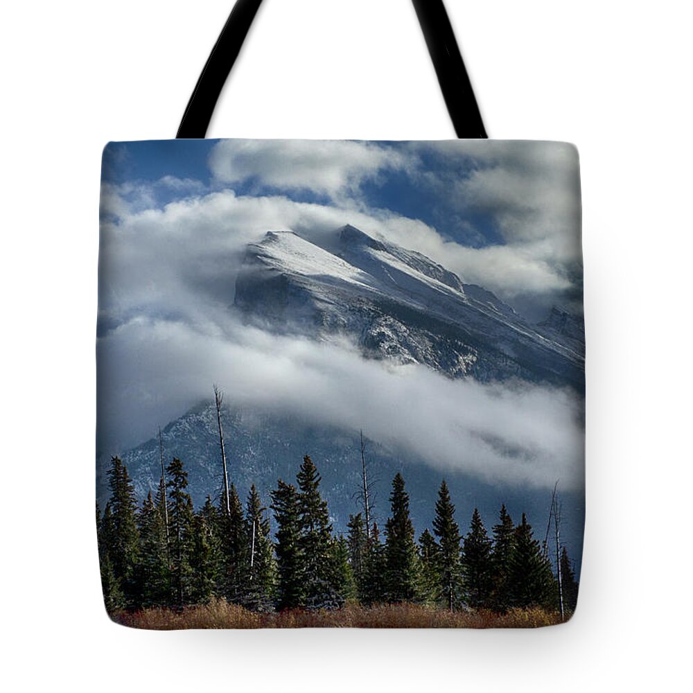 Mount Rundle Tote Bag featuring the photograph To The Wild Country Canadian Rocky Mountains by Bob Christopher