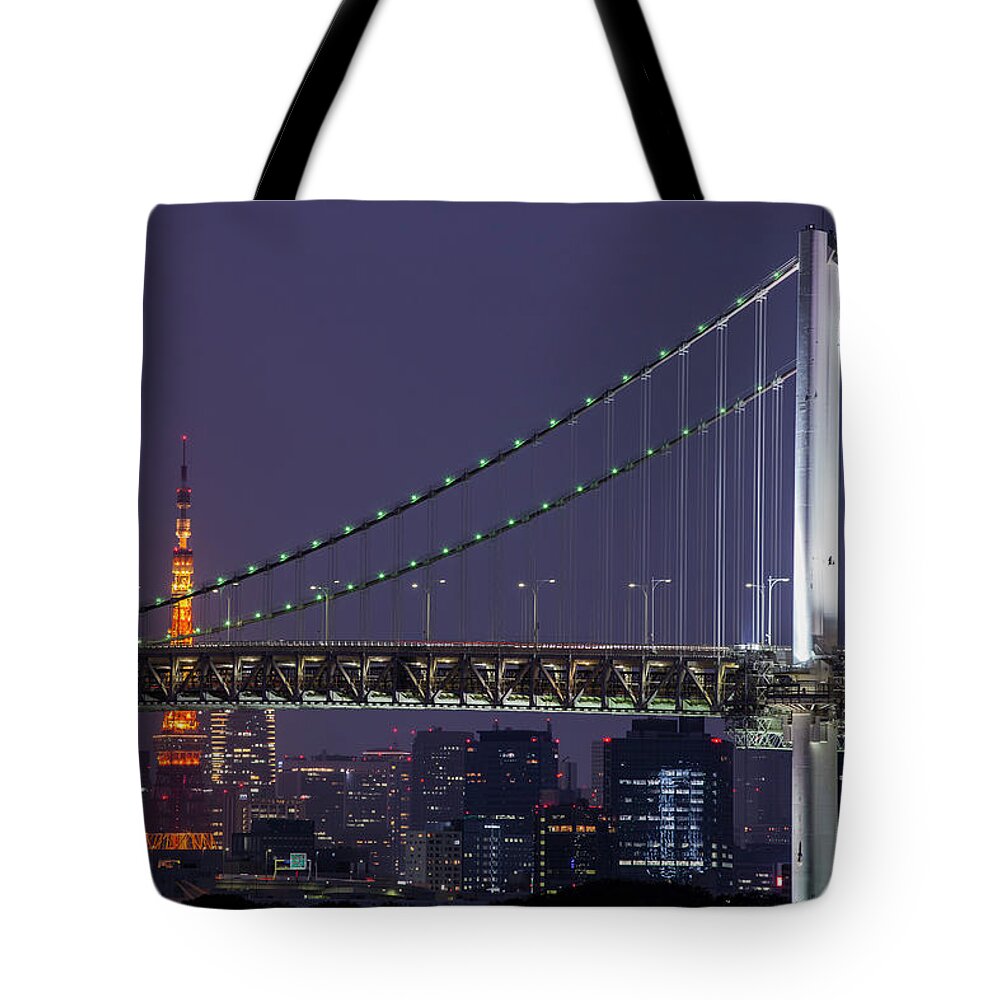 Tokyo Tower Tote Bag featuring the photograph Tokyo Tower And Rainbow Bridge At Night by Manachai