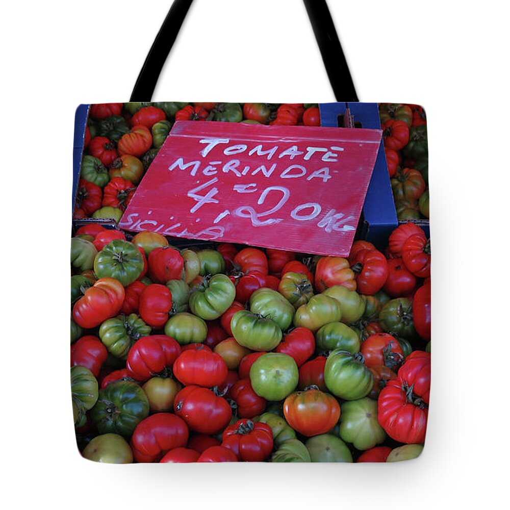 Heirloom Tomatoes Tote Bag featuring the photograph Tomatoes by Terri Brewster
