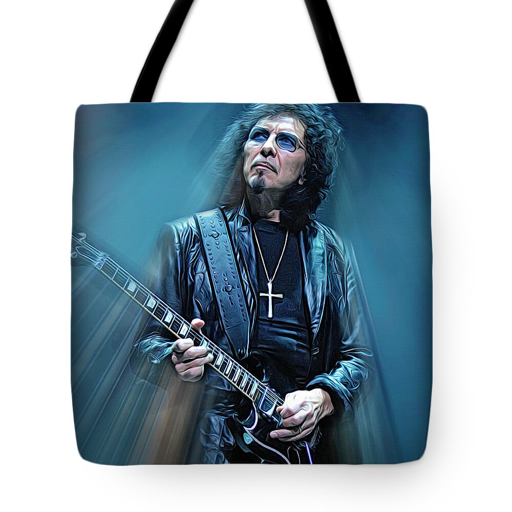 Tony Lommi Tote Bag featuring the mixed media Tony Iommi, Black Sabbath by Mal Bray