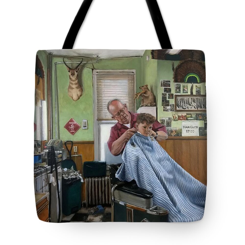 Oil Tote Bag featuring the painting Tony's Barbershop by Bibi Snelderwaard Brion
