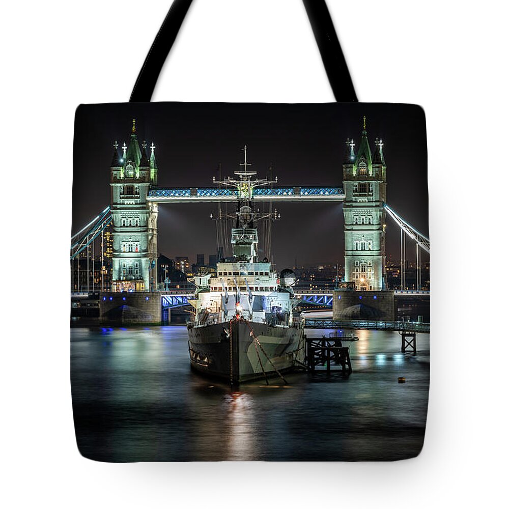 London Tote Bag featuring the photograph Tower Bridge and HMS Belfast by Framing Places