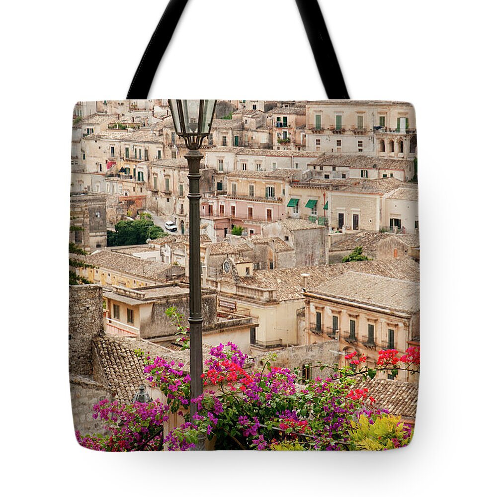 Sicily Tote Bag featuring the photograph Town Of Modica With Bougainvillea by Stuart Mccall