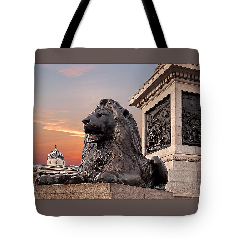 London Tote Bag featuring the photograph Trafalgar Square Lion Nelsons Column And National Gallery by Gill Billington