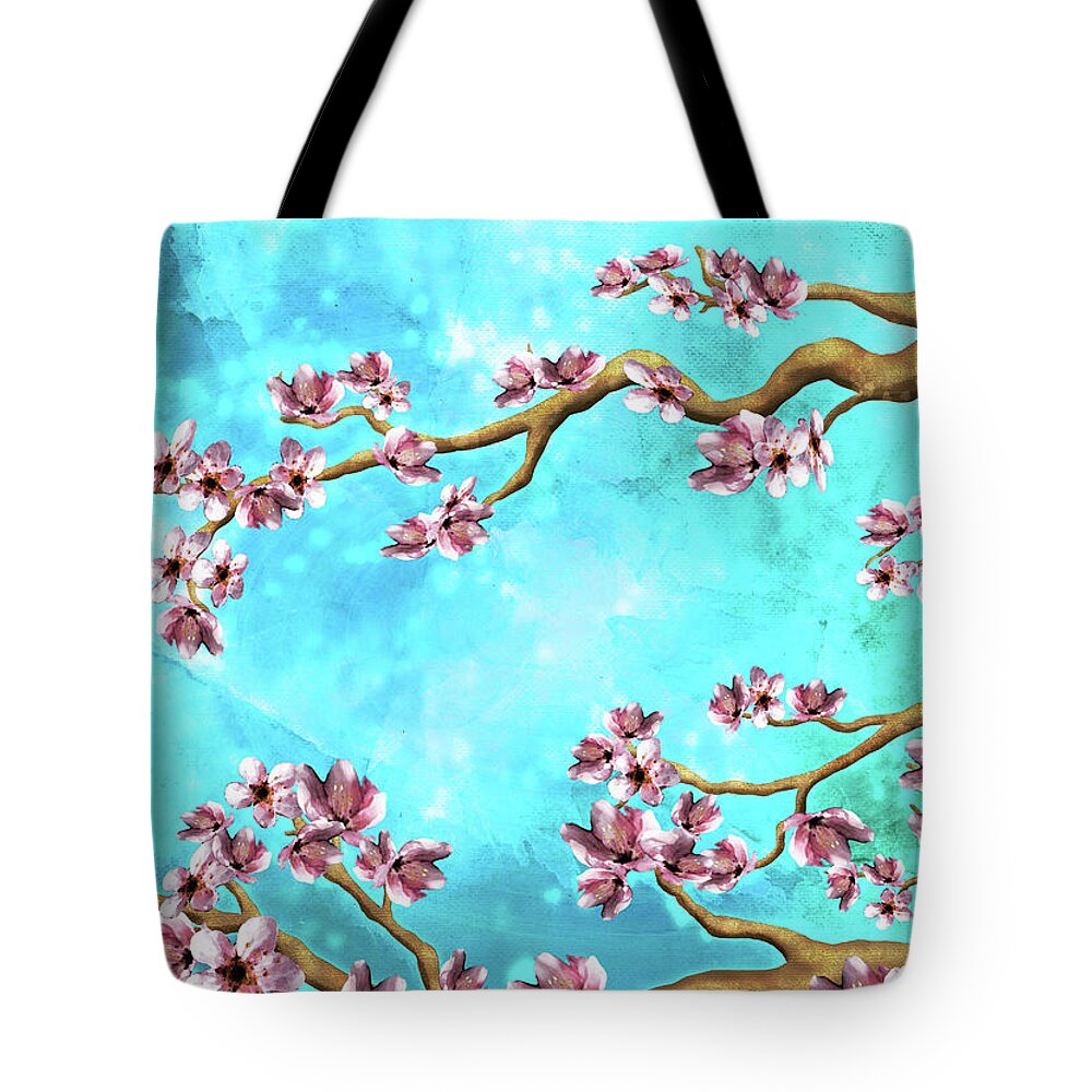 Cherry Blossoms Tote Bag featuring the digital art Tranquility Blossoms in Blue and Pink by Laura Ostrowski