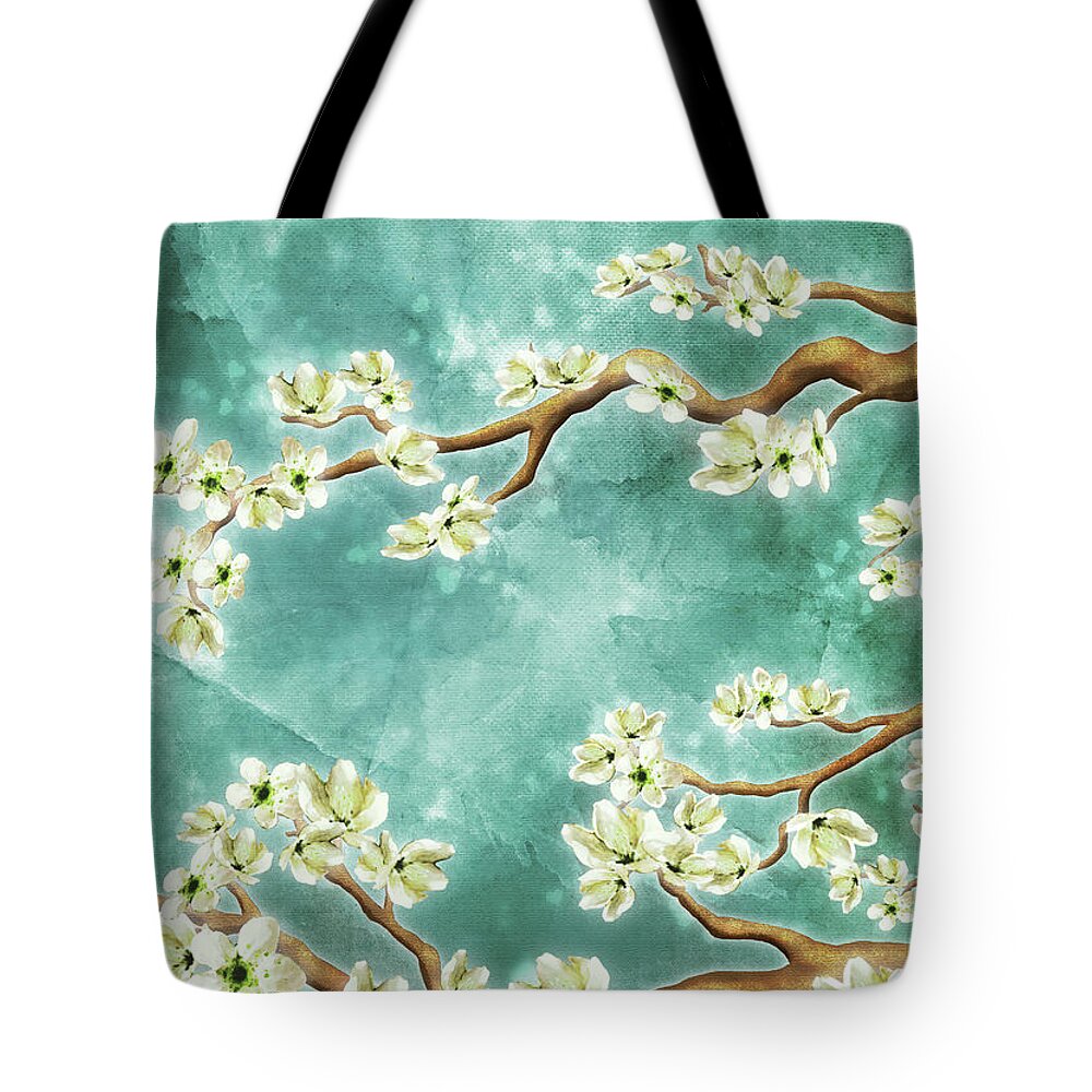 Cherry Blossoms Tote Bag featuring the digital art Tranquility Blossoms in Teal by Laura Ostrowski