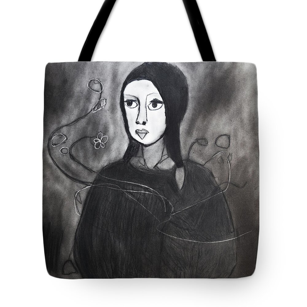 Charcoal Art Tote Bag featuring the drawing Tranquility by Nadija Armusik