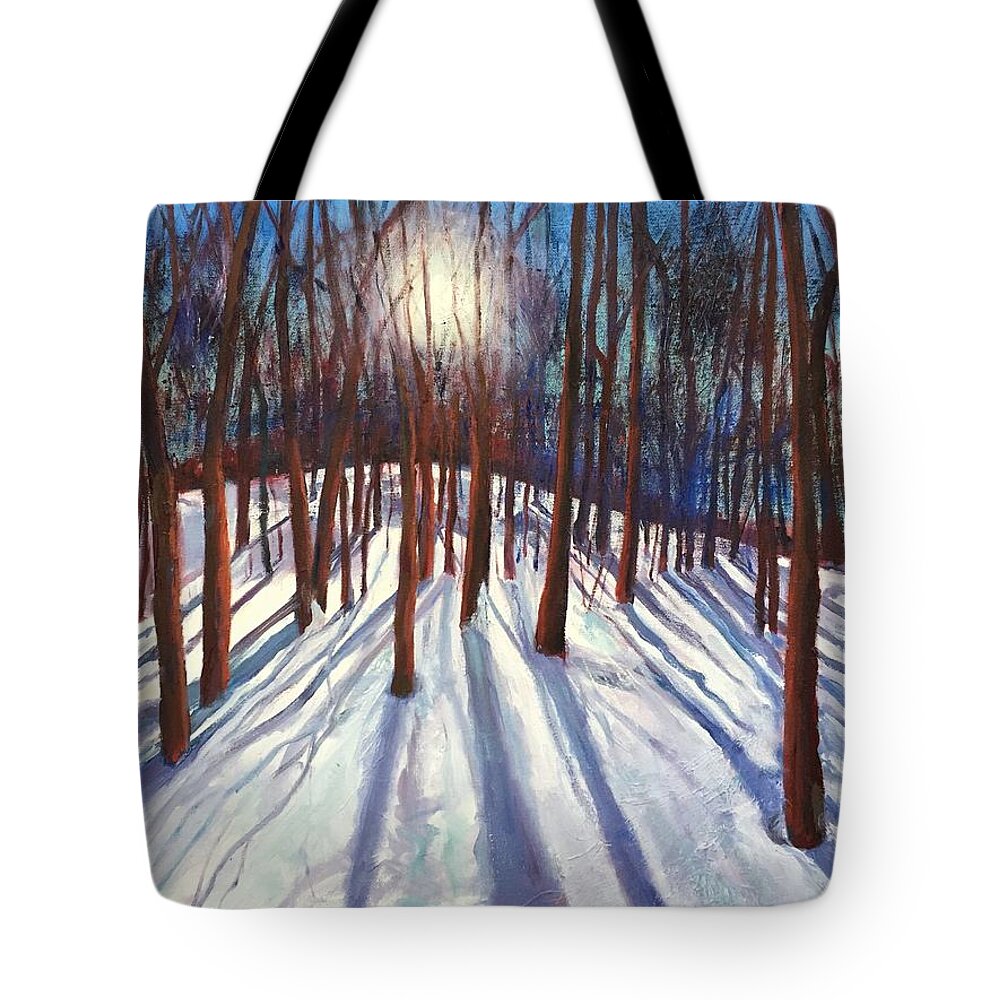 Woods Tote Bag featuring the painting Tree Glow by Maureen Obey