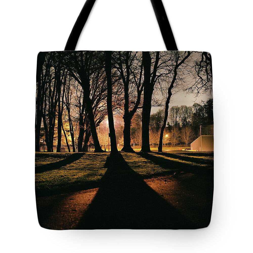 Tranquility Tote Bag featuring the photograph Trees Casting Shadows At Night by Peter Carlson