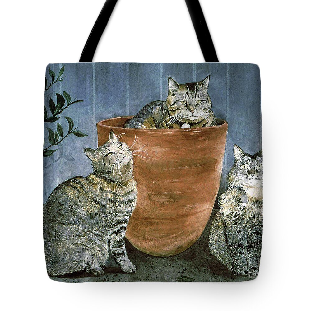 Three Neighbors Cats Gather On Our Front Porch. Tote Bag featuring the painting Tres Gatos by Monte Toon