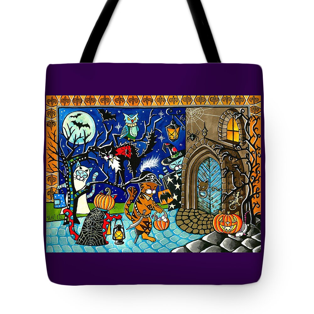 Trick Or Treat Halloween Cats Tote Bag featuring the painting Trick Or Treat Halloween Cats by Dora Hathazi Mendes