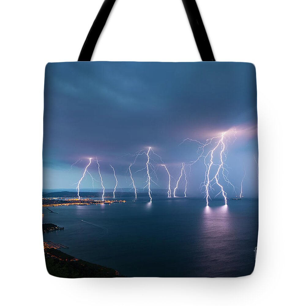 Dawn Tote Bag featuring the photograph Trieste Lightning by Jure Batagelj / 500px