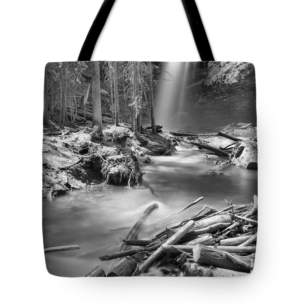 Troll Falls Tote Bag featuring the photograph Troll Falls Black And White by Adam Jewell