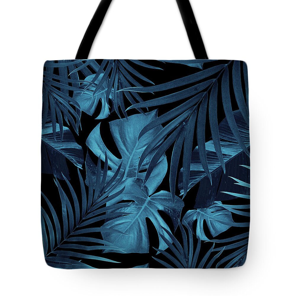 Photography Tote Bag featuring the mixed media Tropical Jungle Night Leaves Pattern #2 #tropical #decor #art by Anitas and Bellas Art