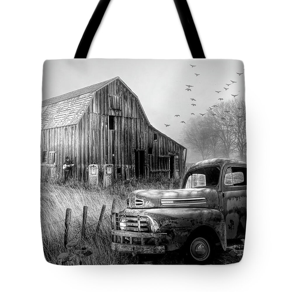 1951 Tote Bag featuring the photograph Truck in the Fog in Black and White by Debra and Dave Vanderlaan