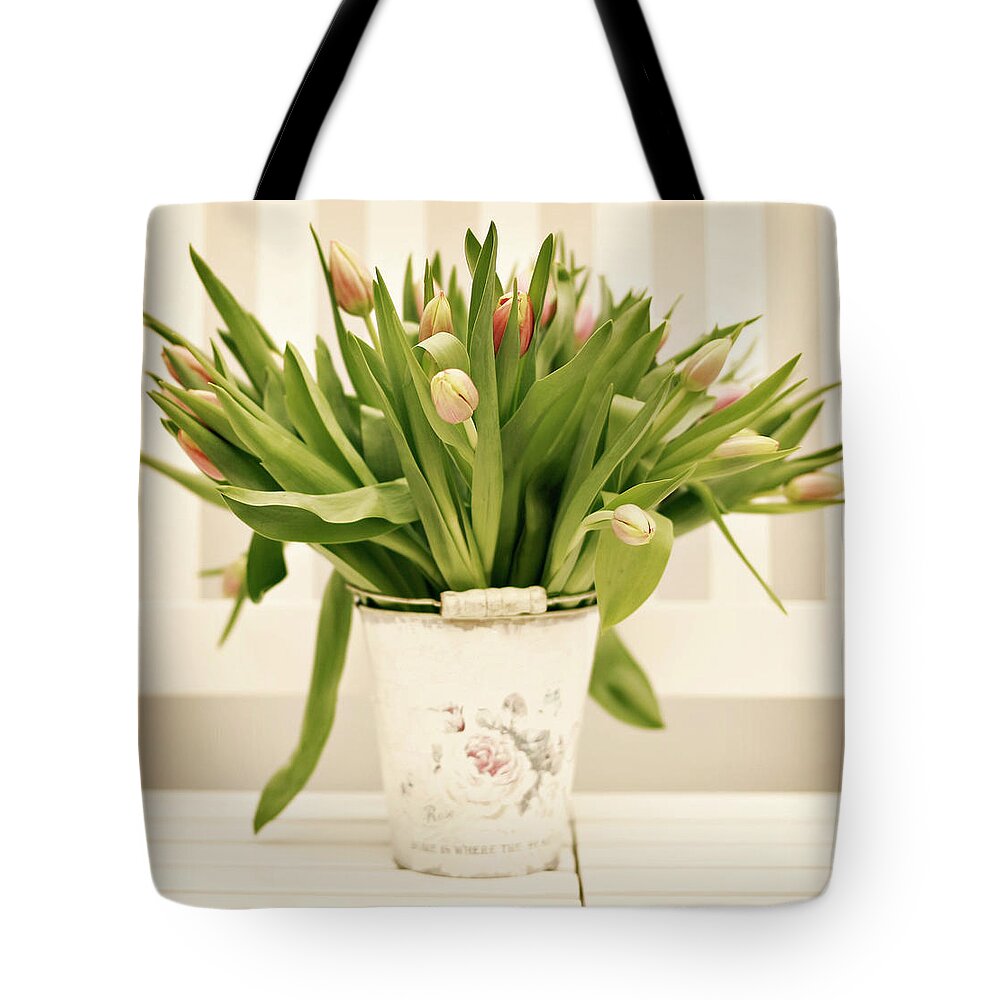 Bucket Tote Bag featuring the photograph Tulips In Bucket by Andrea Kamal
