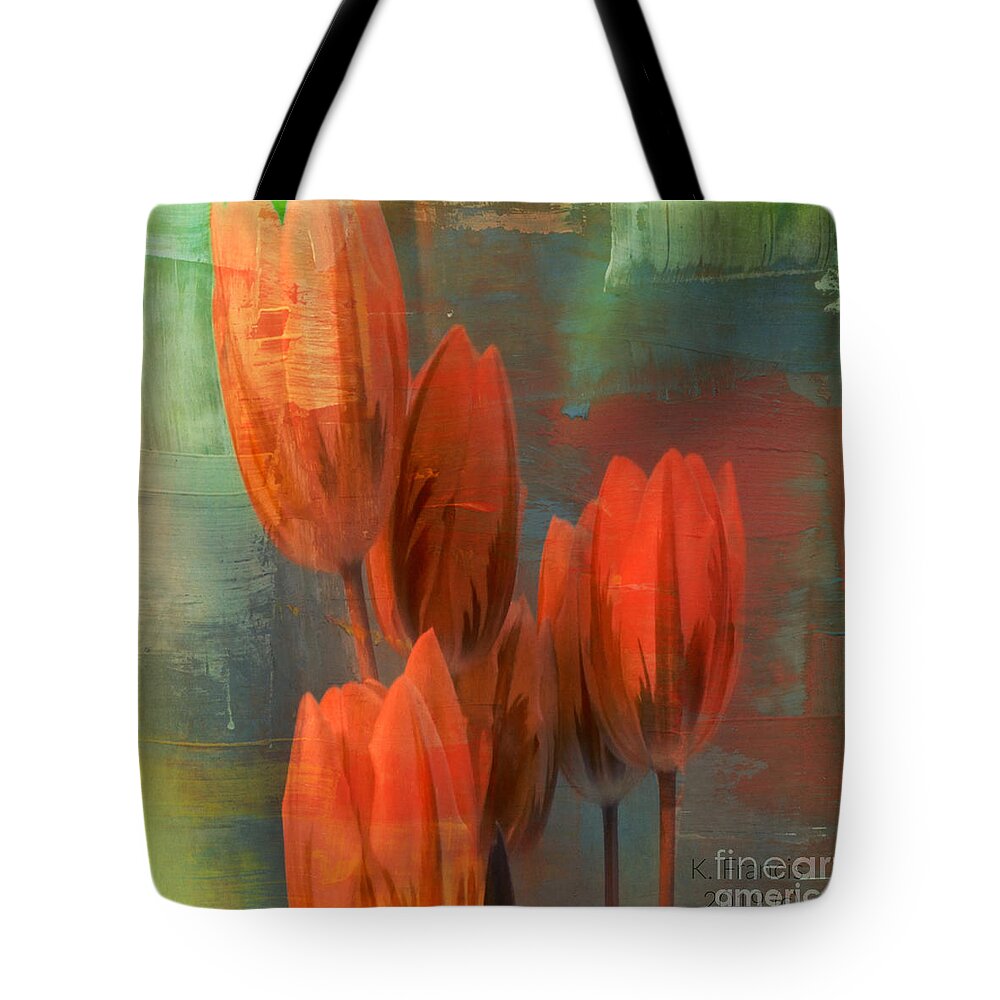 Wall Art Tote Bag featuring the digital art Tulips with Green Background by Karen Francis