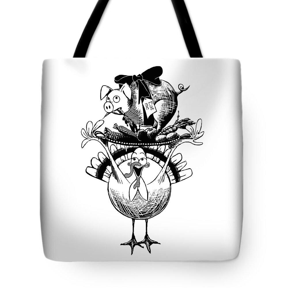 Pig Tote Bag featuring the digital art Turkey and Pig by Konni Jensen