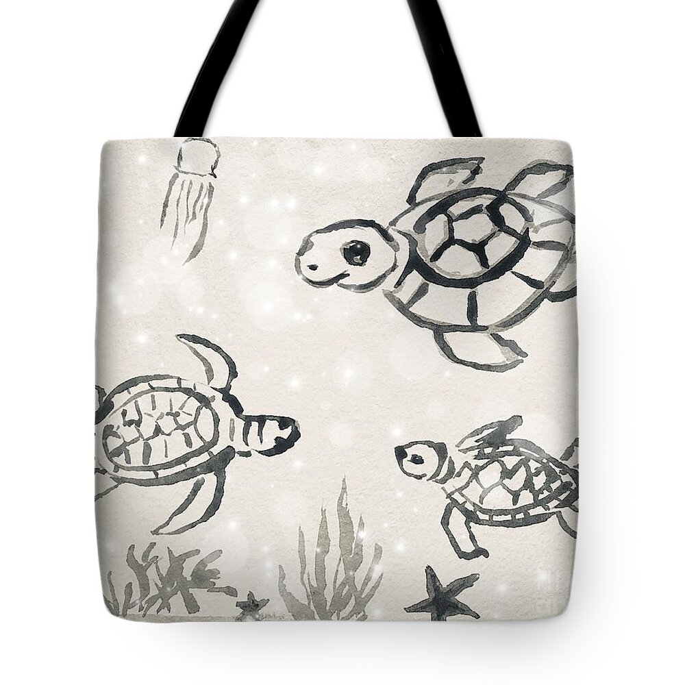 Swimming Baby Turtles Tote Bag featuring the mixed media Turtles by Lavender Liu