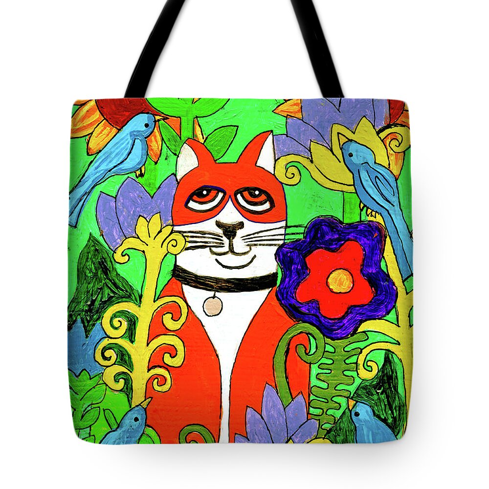 Cat Tote Bag featuring the painting Tuxedo Cat With Four Bluebirds In Garden by Genevieve Esson