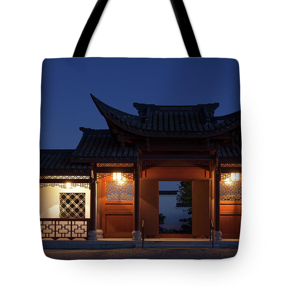 Chinese Garden Tote Bag featuring the photograph Twilight at the Gate by Briand Sanderson
