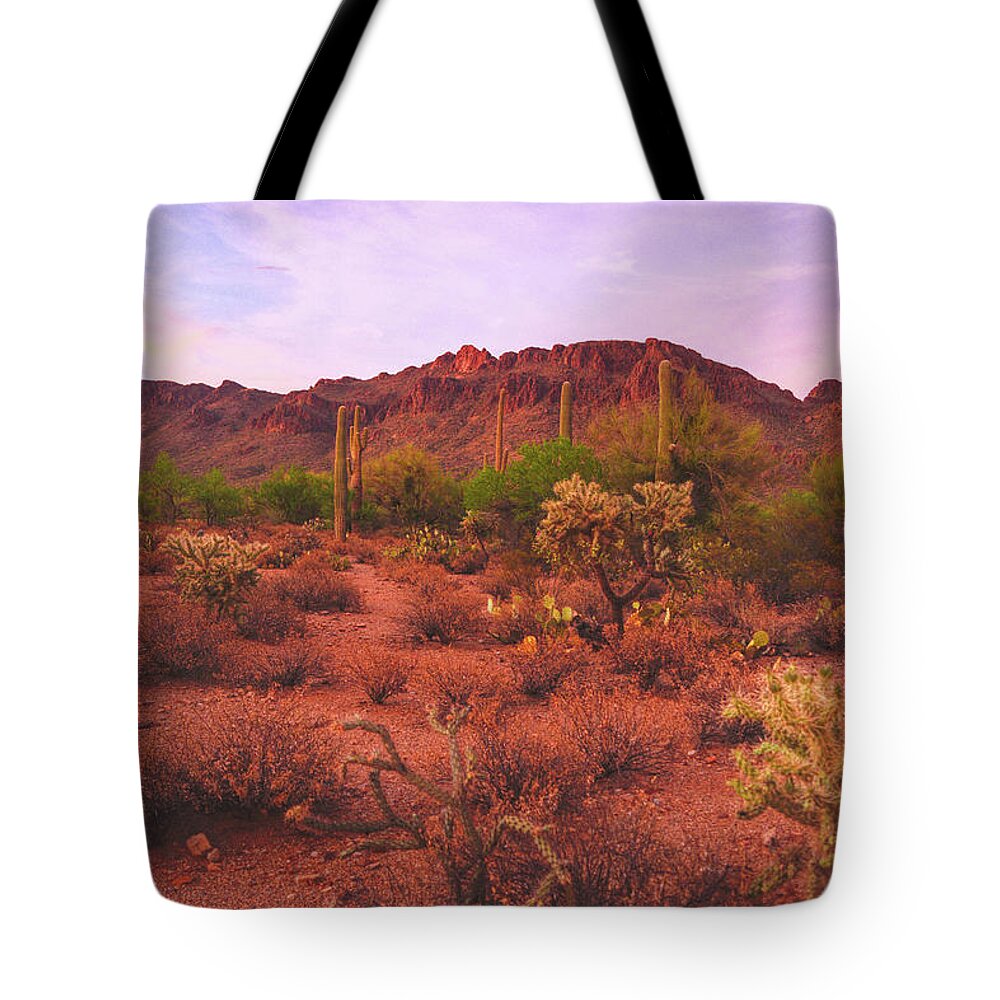Sunset Tote Bag featuring the photograph Twilight glow on the Tucson Mountains and Sonoran Desert, Arizona by Chance Kafka