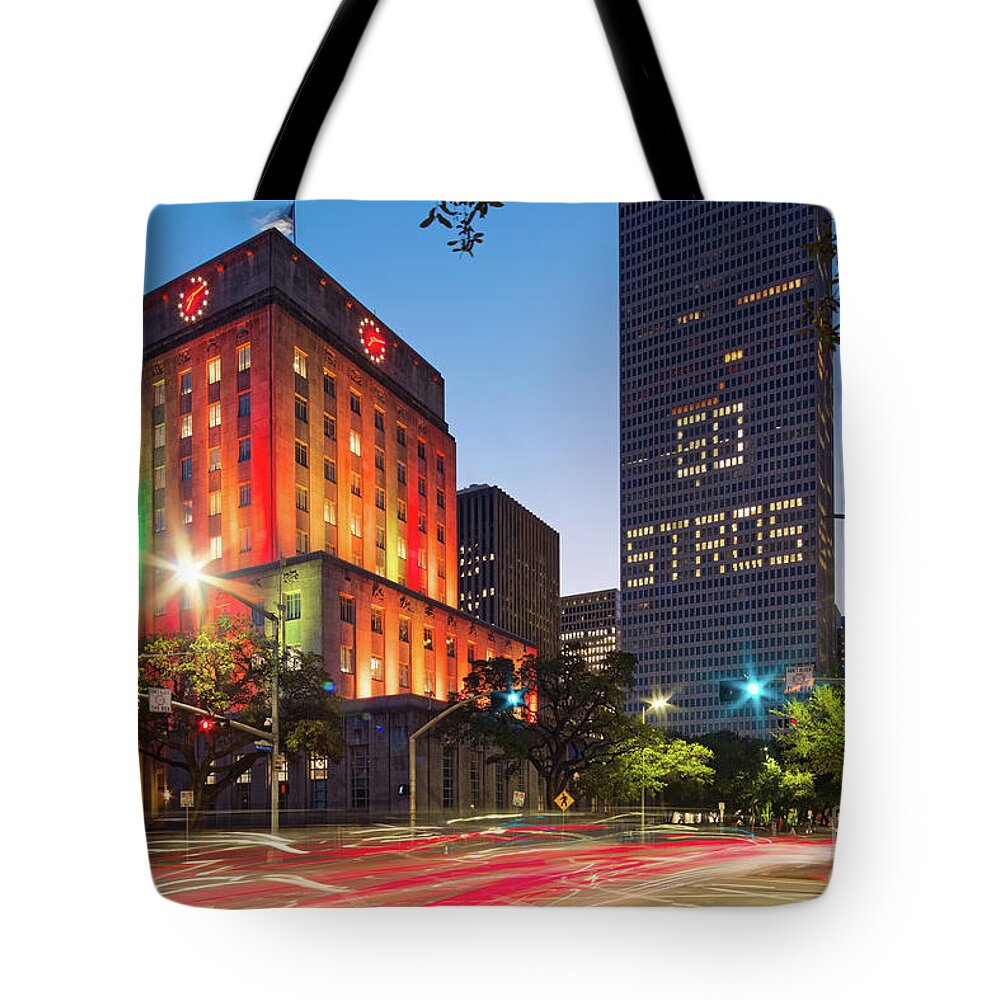 Downtown Tote Bag featuring the photograph Twilight Photograph of Houston City Hall Astros Baseball World Series 2017 - Downtown Houston by Silvio Ligutti