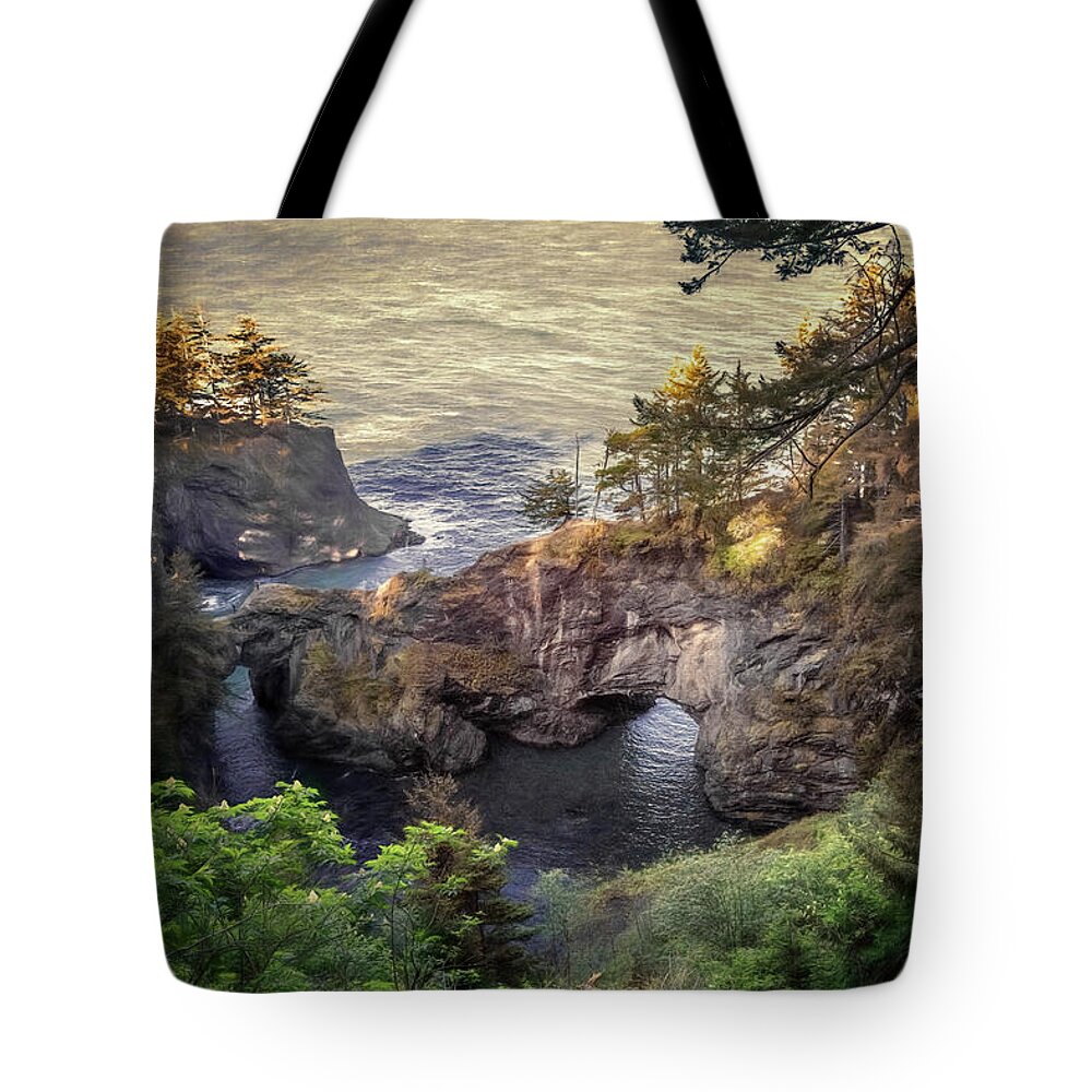 Seascape Tote Bag featuring the photograph Two Arches by Maria Coulson