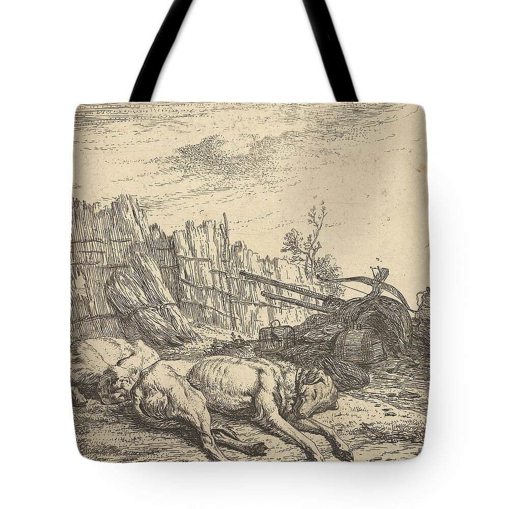 17th Century Art Tote Bag featuring the relief Two dogs sleeping on the ground by Karel Dujardin