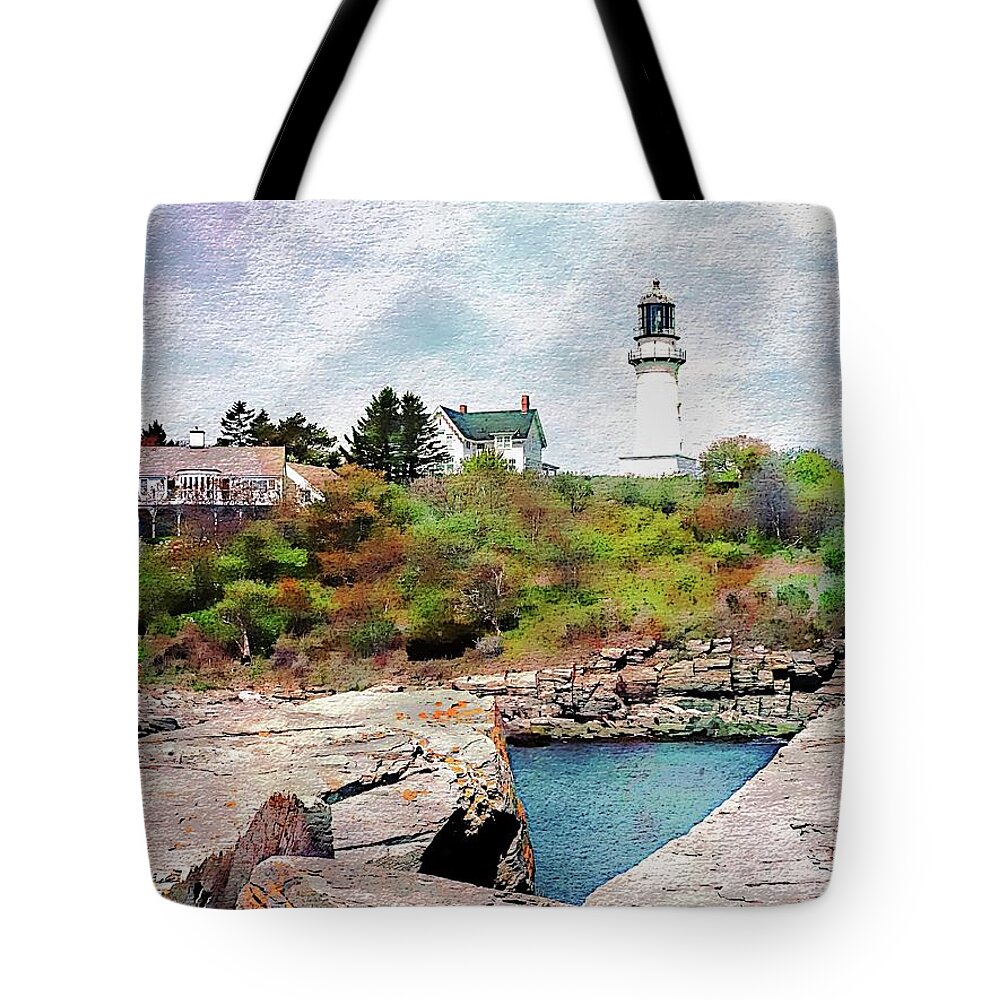 United States Tote Bag featuring the digital art Two Lights State Park by Joseph Hendrix