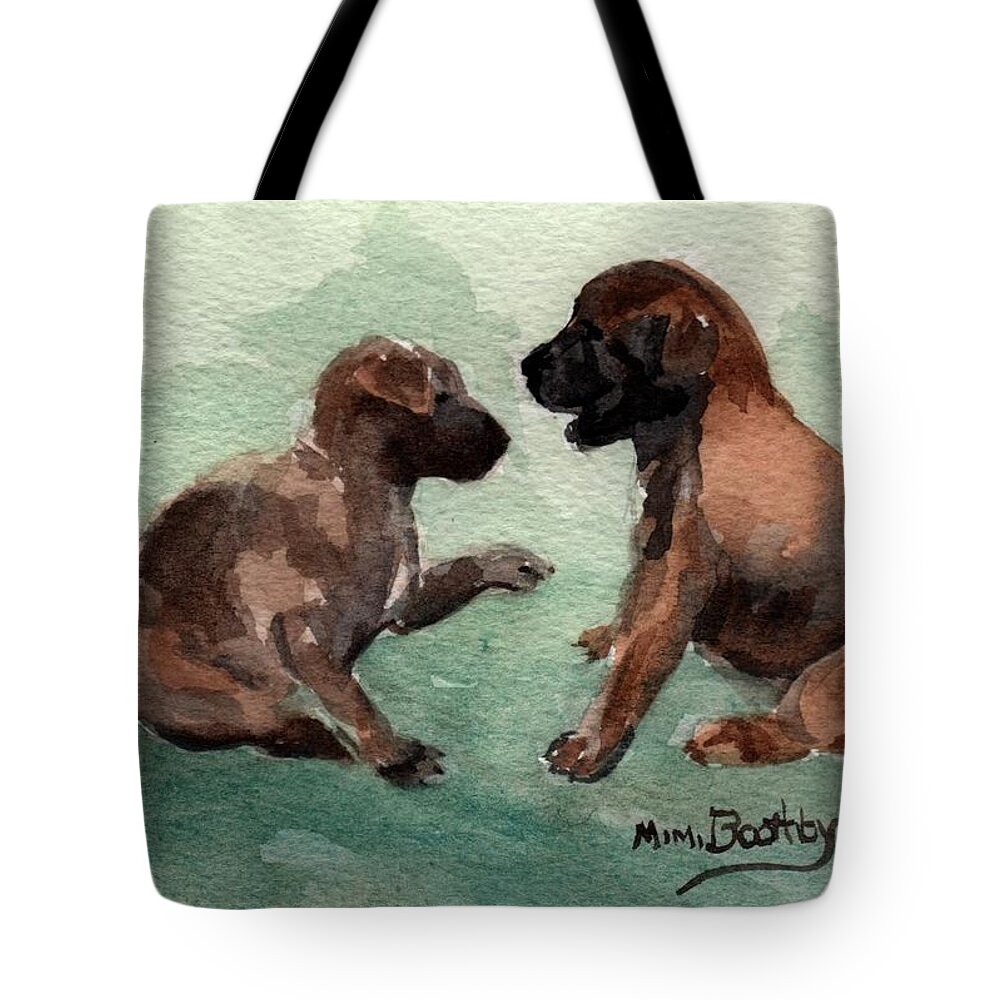 Malinois Tote Bag featuring the painting Two Malinois Puppies by Mimi Boothby
