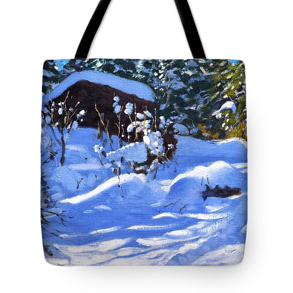 Two On A Sledge Tote Bag featuring the painting Two on a sledge, The Orchard, Morzine by Andrew Macara