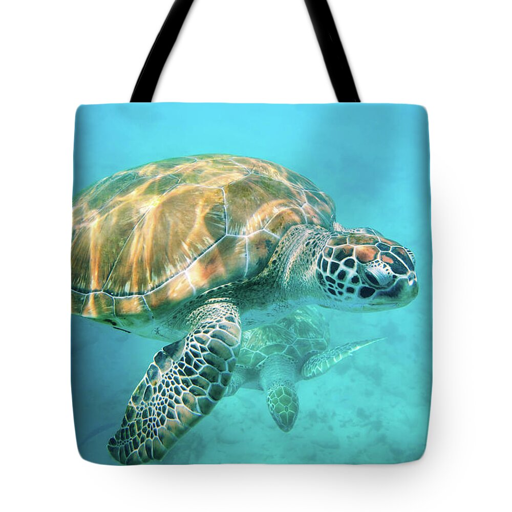 Underwater Tote Bag featuring the photograph Two Sea Turtles by Matteo Colombo