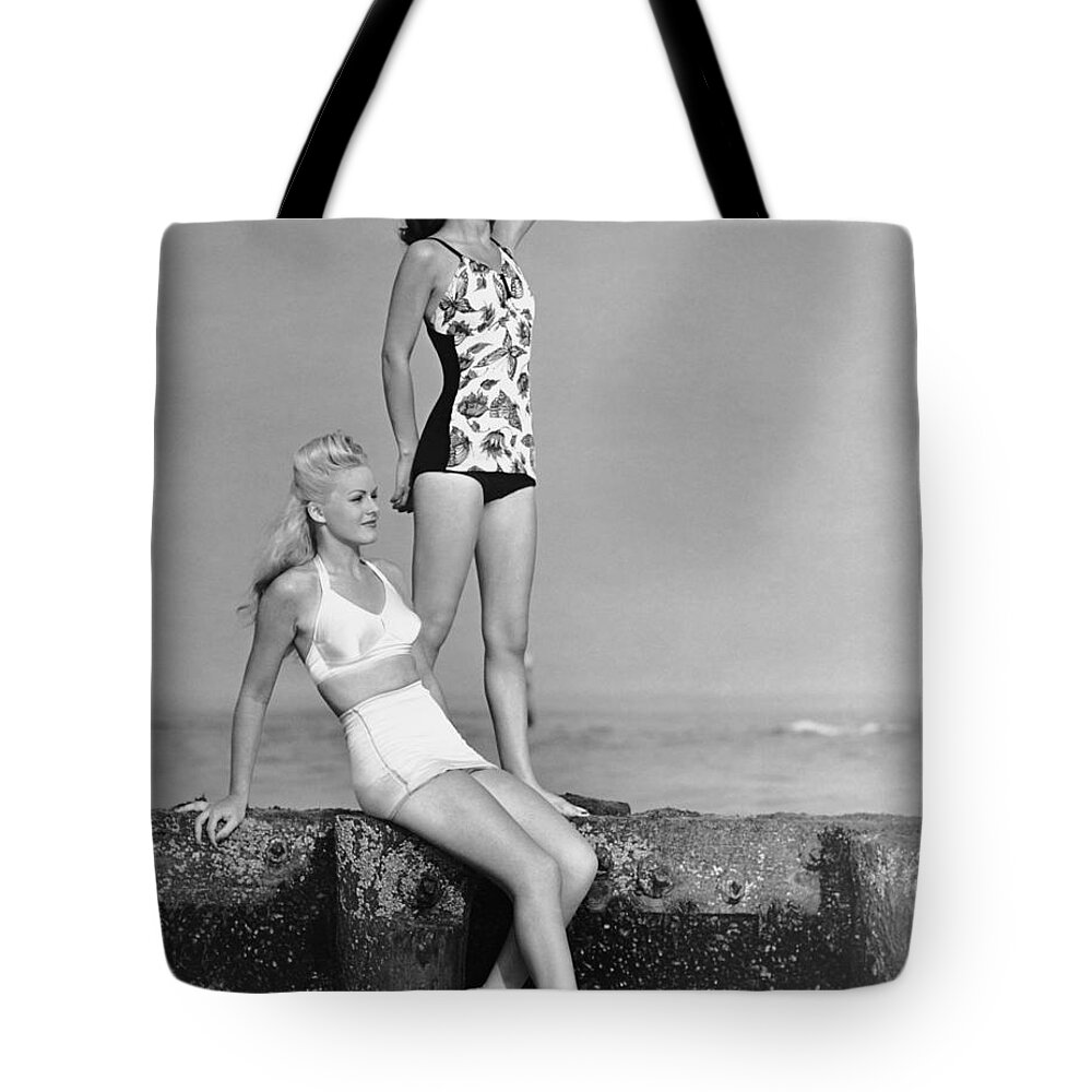 People Tote Bag featuring the photograph Two Women In Bathing Suits by George Marks