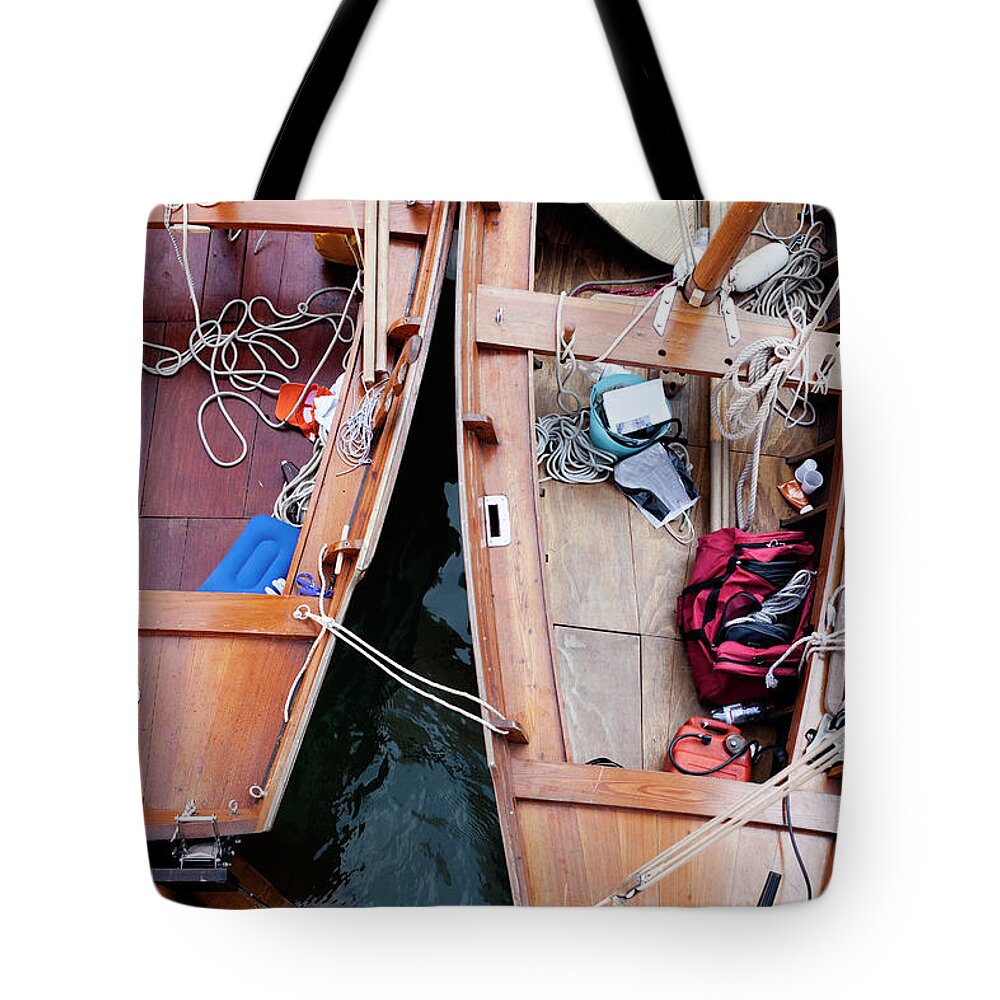 Sailboat Tote Bag featuring the photograph Two Wooden Sailboats Photographed From by Frank Rothe