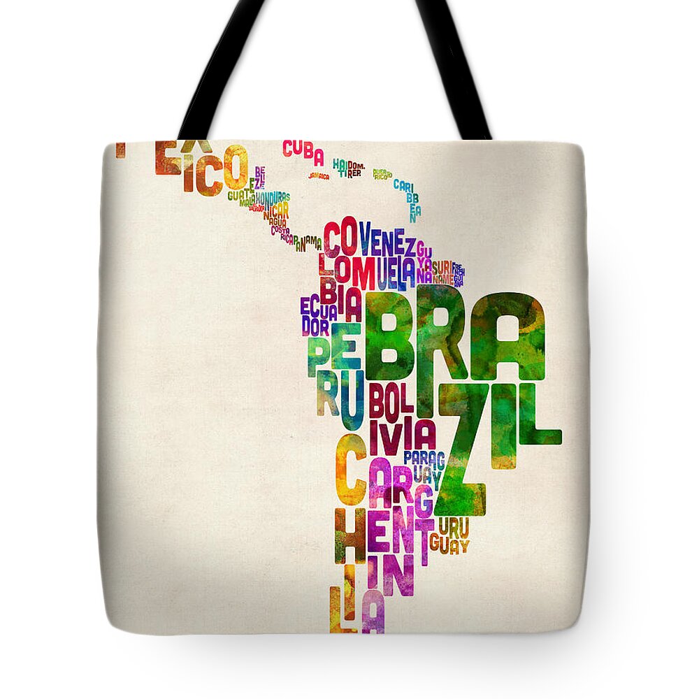 South America Map Tote Bag featuring the digital art Typography Map of Latin America, Mexico, Central and South America by Michael Tompsett
