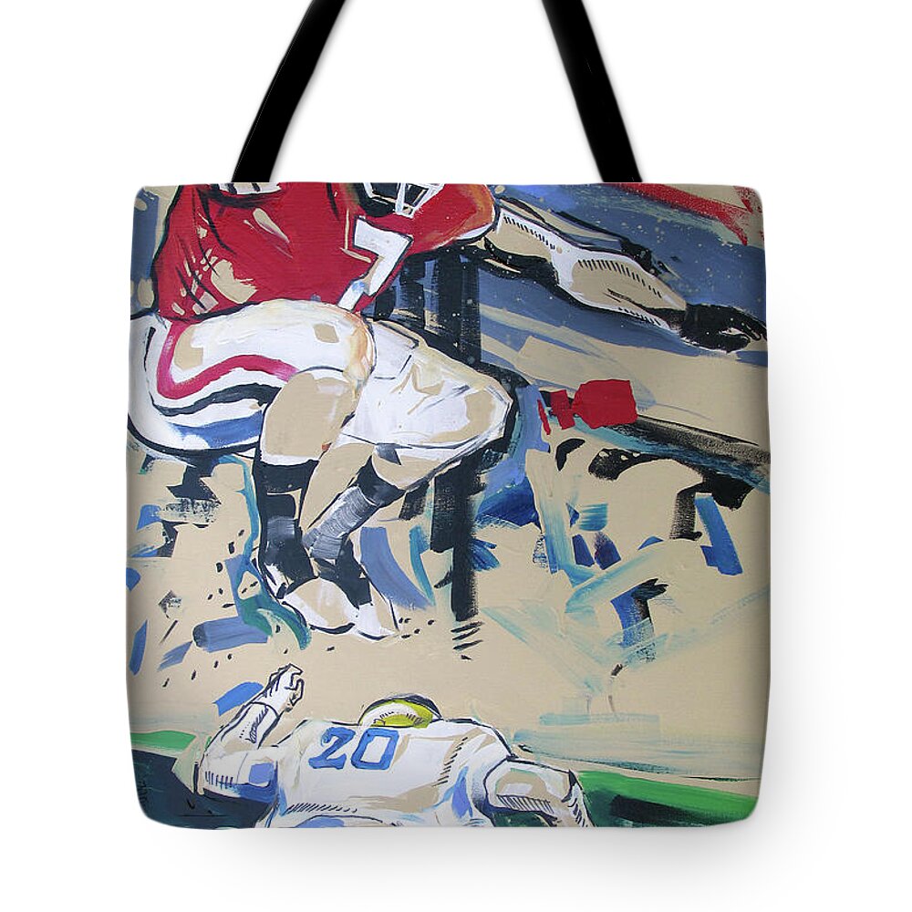 Uga Notre Dame 2019 Tote Bag featuring the painting UGA vs Notre Dame 2019 by John Gholson