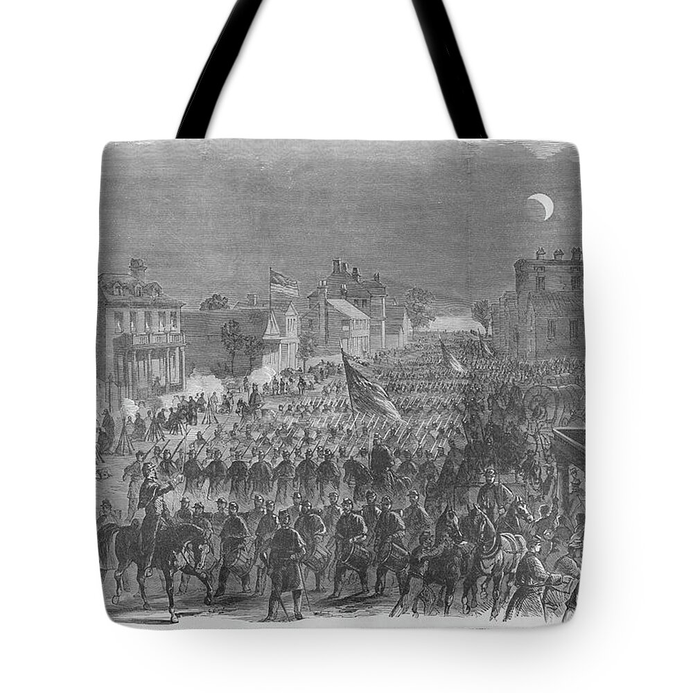 Union Tote Bag featuring the painting Union General Steven's troops enter Beaufort, South Carolina by Frank Leslie