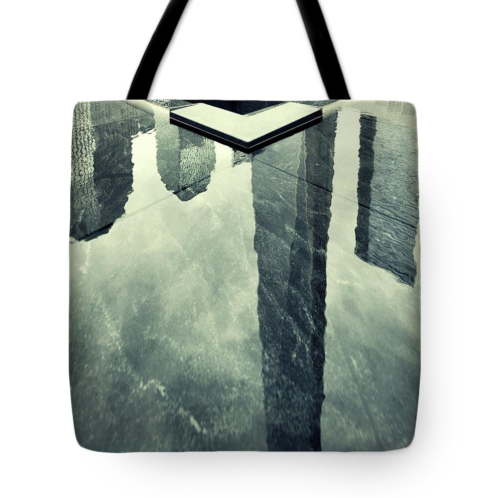 Estock Tote Bag featuring the digital art United States, New York City, Manhattan, Lower Manhattan, 9/11 Or Ground Zero Memorial And Freedom Tower Reflection by Massimo Ripani