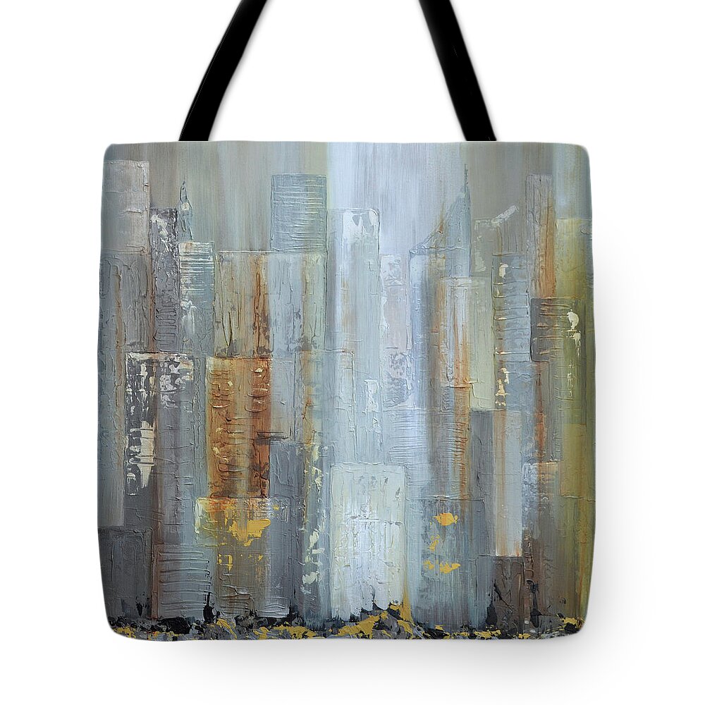 Urban Cityscape City New York Detroit Chicago Atlanta Gray Neutral Vertical Smoky Silver Gold Silver And Gold Reflection Waterscape Reflected Water Sky Nyc Tote Bag featuring the painting Urban Reflections I night version by Shadia Derbyshire