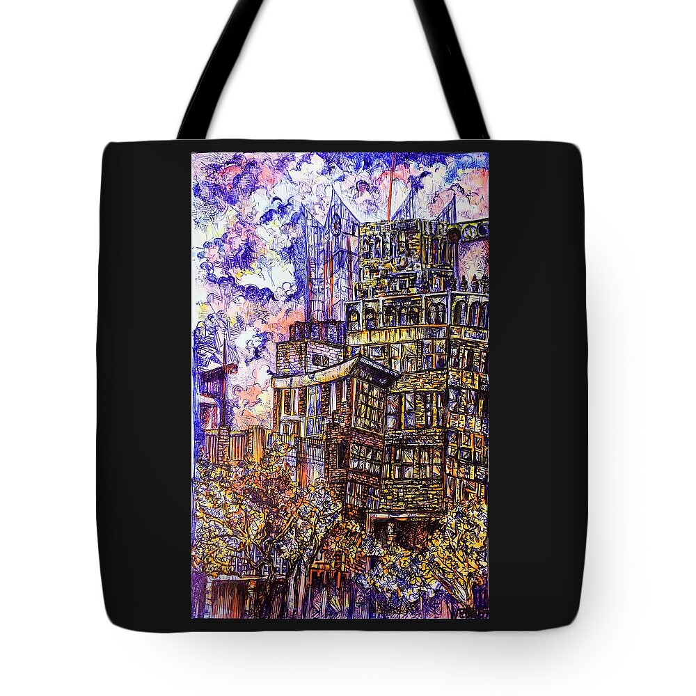 Urban Tote Bag featuring the drawing Urban Twilight by Angela Weddle