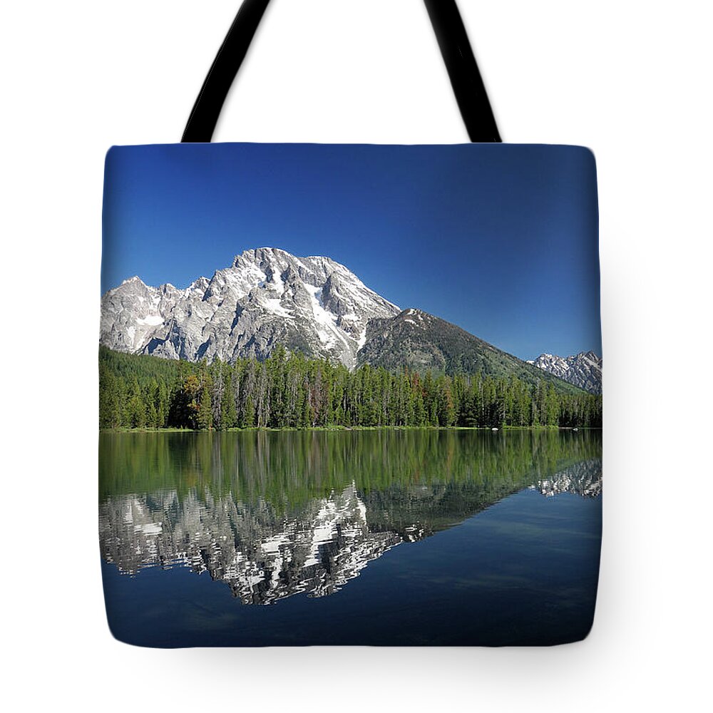 Estock Tote Bag featuring the digital art Usa, Wyoming, Leigh Lake, Mount Moran by Heeb Photos