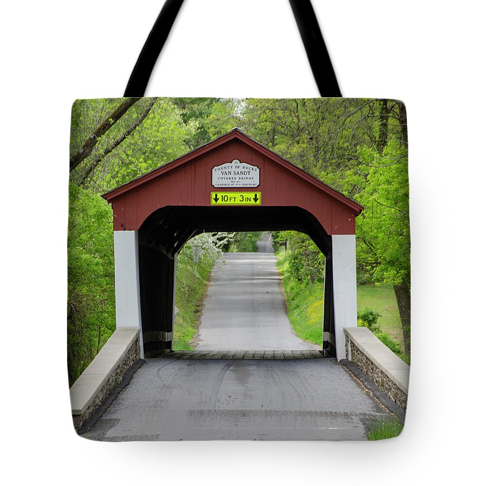Van Sandt Tote Bag featuring the photograph Van Sandt Covered Bridge in Bucks County Pennsylvania by Bill Cannon