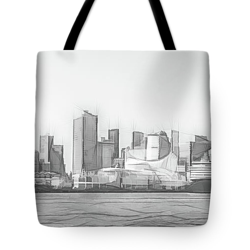 Canada Tote Bag featuring the digital art Vancouver Cruise Ship Port and Financial District Digital Sketch by Rick Deacon