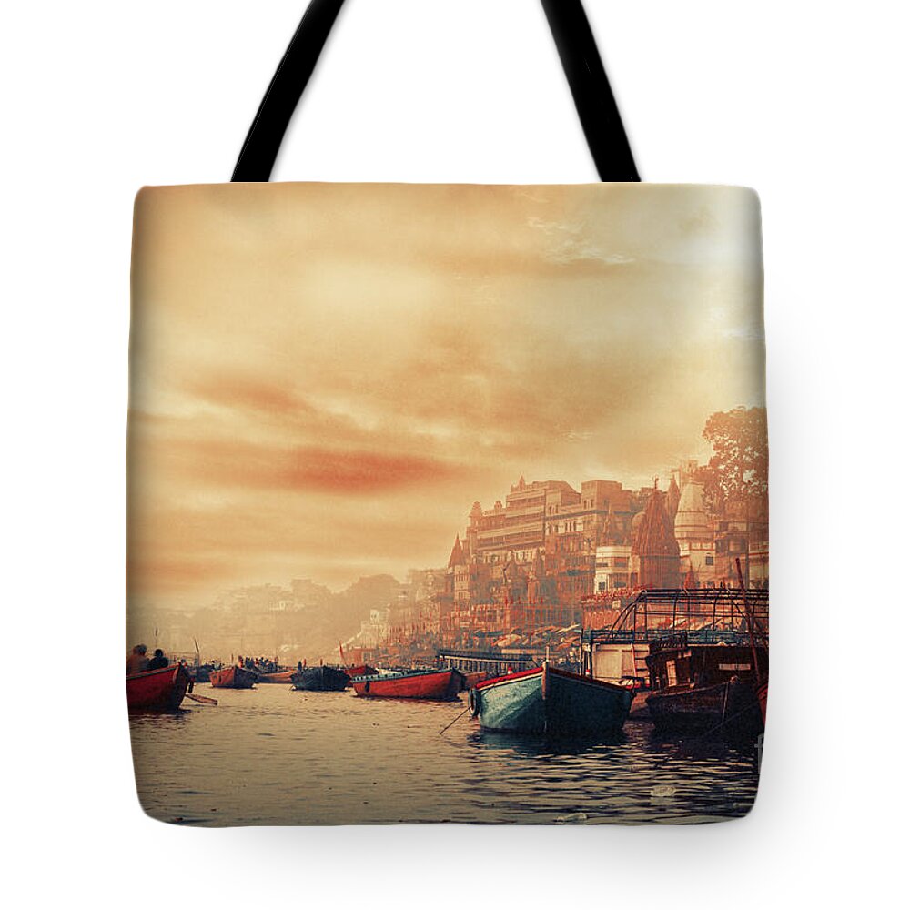 Varanasi Tote Bag featuring the photograph Varanasi - Ganges river at sunrise by Stella Levi