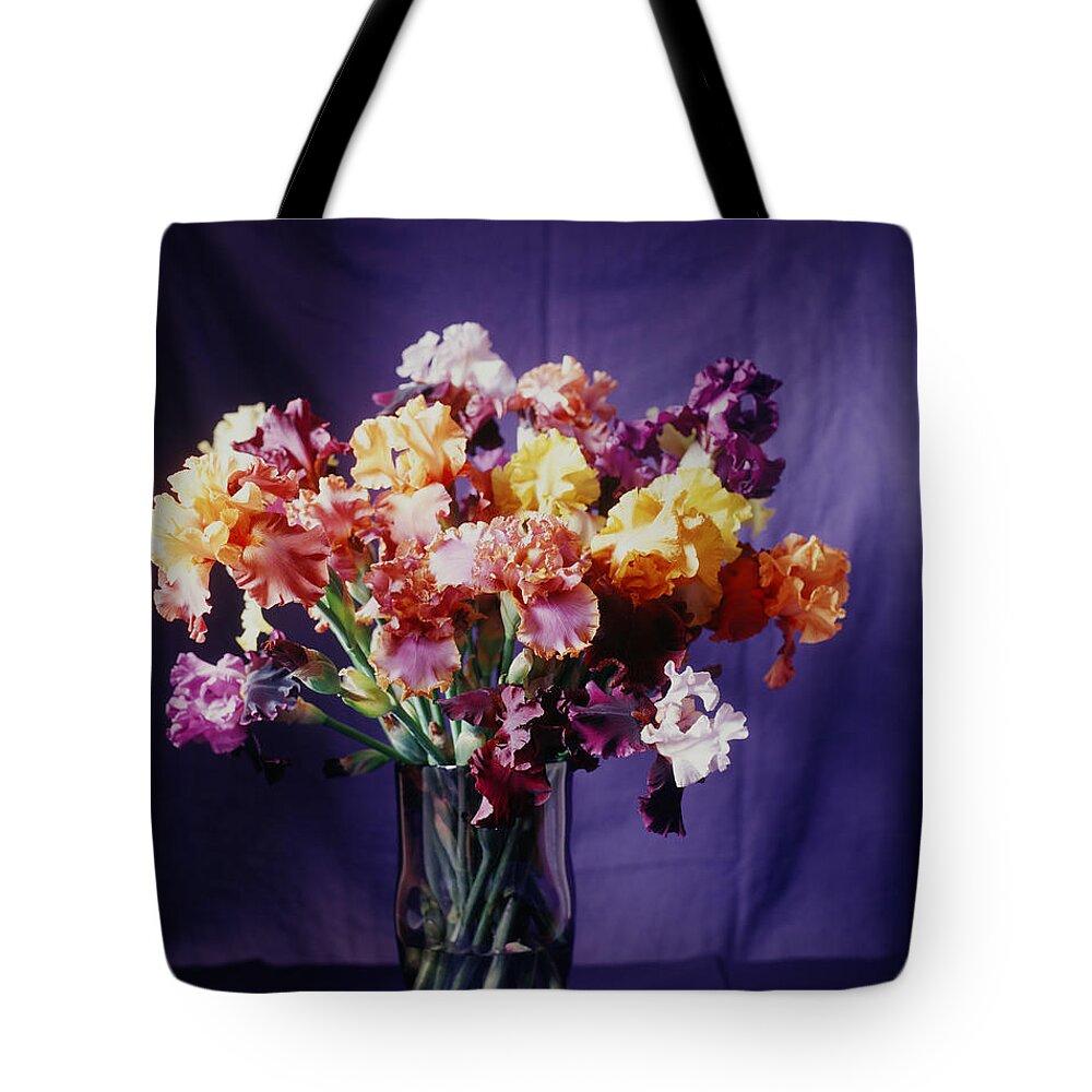Vase Tote Bag featuring the photograph Various Multi-colored Irises In A Vase by Victoria Pearson