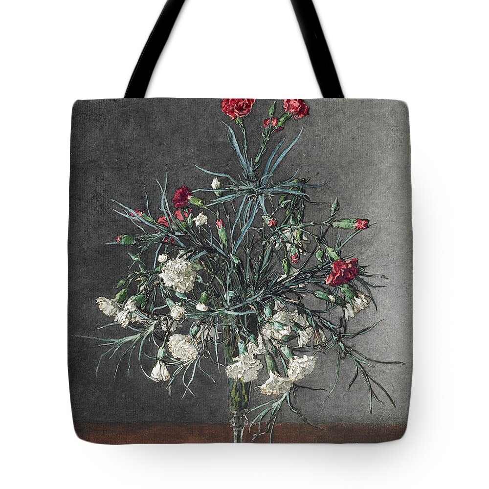 19th Century Art Tote Bag featuring the drawing Vase of Red and White Carnations by Leon Bonvin