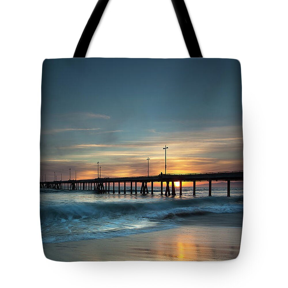 Water's Edge Tote Bag featuring the photograph Venice Beach Pier At Sunset by Andrew Kennelly