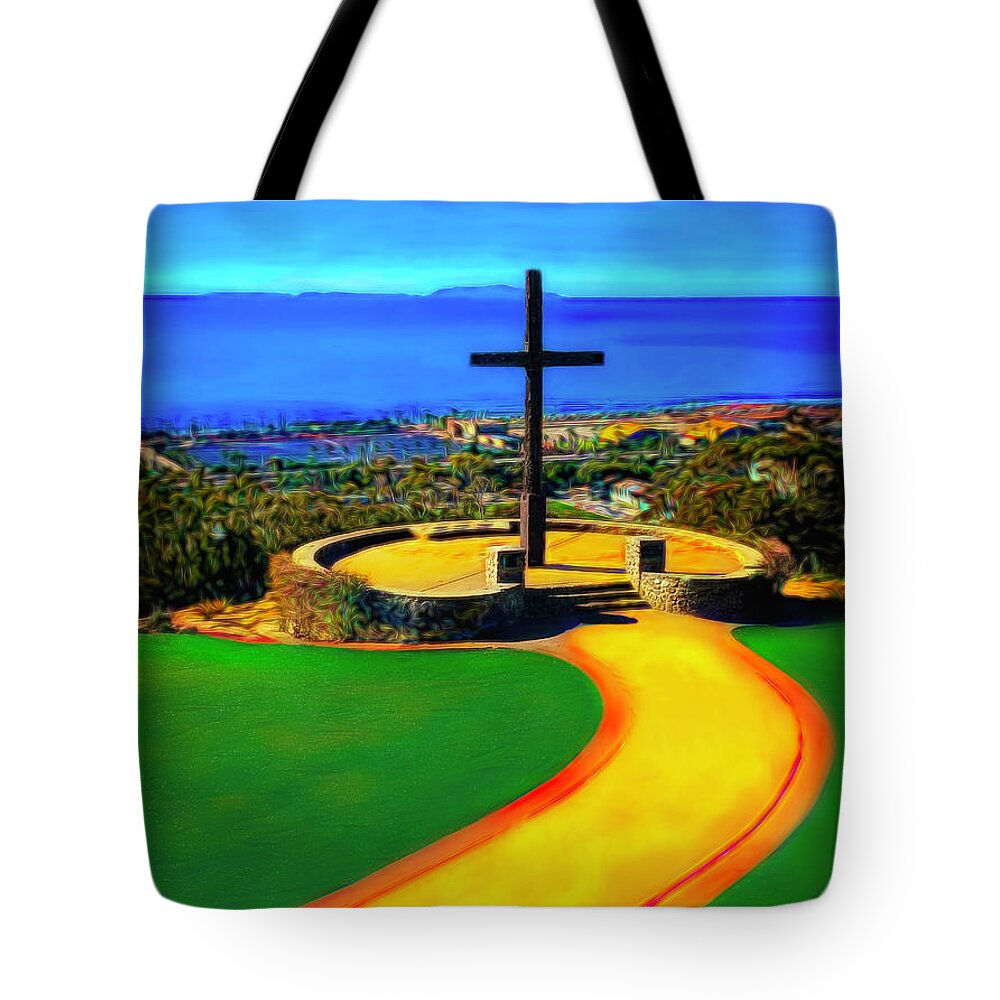 Photographs Tote Bag featuring the digital art Ventura California Cross and Anacapa Island by John A Rodriguez
